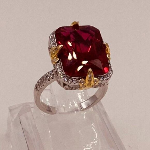 Ring, new, no tags, lab created emerald cut ruby solid 925 silver real gold - Picture 4 of 17